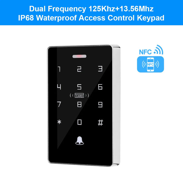 NFC Backlight Touch Dual Frequency 125KHz + 13.56MHz RFID Card Access Control Keypad Door Lock Opener WG Output IP68 Watreproof