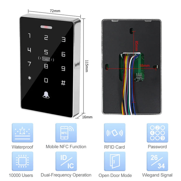 NFC Backlight Touch Dual Frequency 125KHz + 13.56MHz RFID Card Access Control Keypad Door Lock Opener WG Output IP68 Watreproof