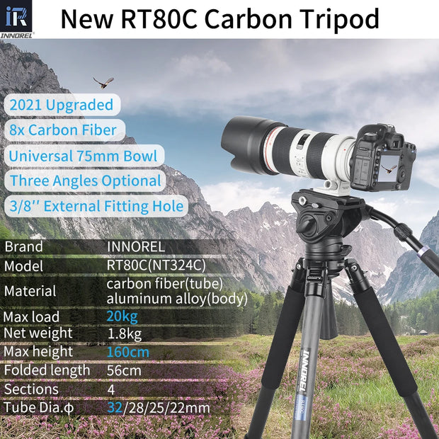 RT80C/NT324C Professional Carbon Fiber Tripod for DSLR Camera Video Camcorder Birdwatching Heavy Duty Camera Stand 75mm Bowl