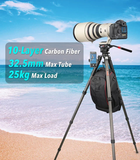 EVUMO ET7C Carbon Fiber Tripod 32.5mm Tube Professional Heavy Duty Tripod 25kg Load Bowl Tripod for Camera Shooting Birdwatching