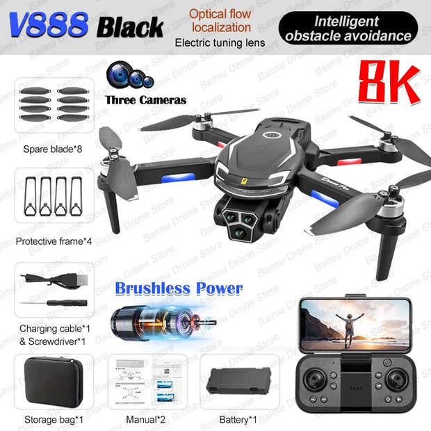 New V888 Brushless Drone 8K Professional HD Triple Camera Obstacle Avoidance No GPS Optical Flow Positioning RC Quadcopter Toys