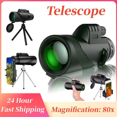 80X100 Powerful Monocular High Definition Zoom Night Vision Telescope Binoculars with SmartPhone Holder for Hunting Camping Tool