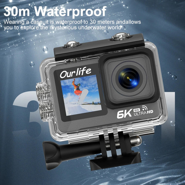 Ourlife MTR82 6K Action Camera 2.0'' Touch LCD Screen 5X Zoom WIFI Sport Video Camera 30M Waterproof Bicycle Helmet Action Cam