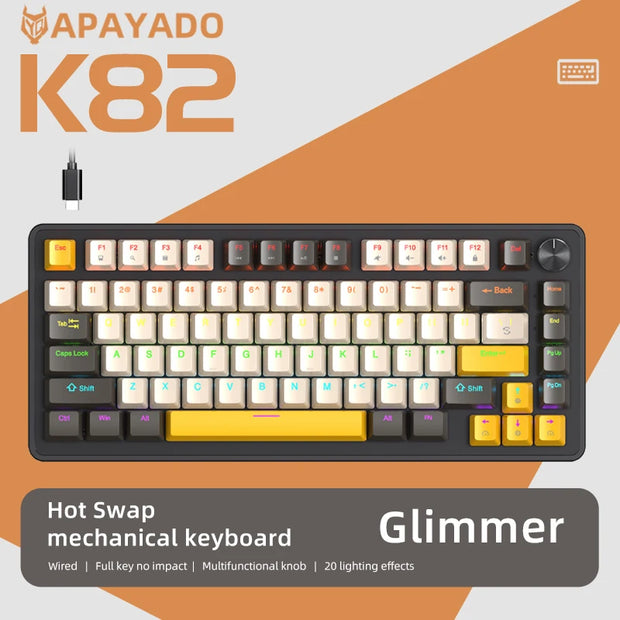 75% Mechanical Keyboard Wired with Media Knob, APAYADO Black Gaming Keyboard,Hot-Swap,ABS Cap Transparent Character Backlighting