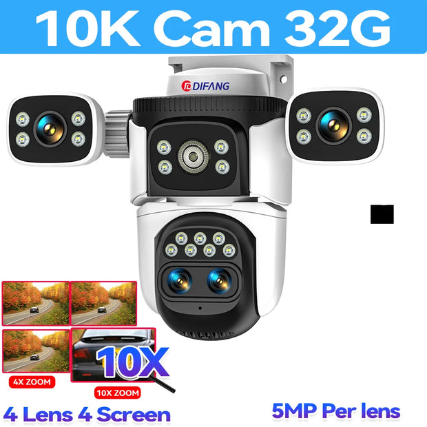 10K Security Protection WiFi6 Camera Outdoor Four Screen 20MP CCTV External IP Cam 10X Zoom 8K 15MP Video Surveillance Camera