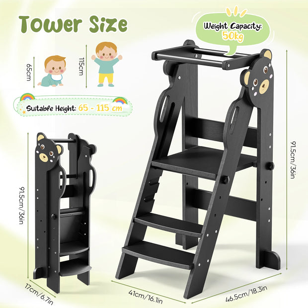 3-layer Height Adjustable Folding Montessori Tower, Easy To Assemble, Montessori Observation Tower With Safety Railing