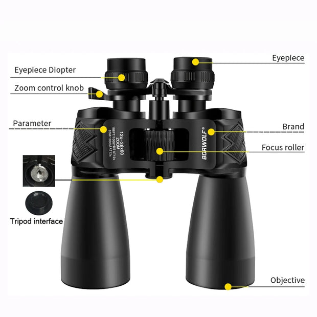 BORWOLF 12-36X60 Binoculars Telescope HD Light Night Vision Bak4 Prism Professional Zoom Powerful for Hunting Bird Watching