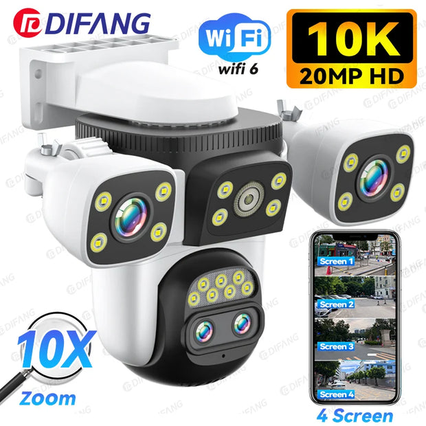 10K Security Protection WiFi6 Camera Outdoor Four Screen 20MP CCTV External IP Cam 10X Zoom 8K 15MP Video Surveillance Camera