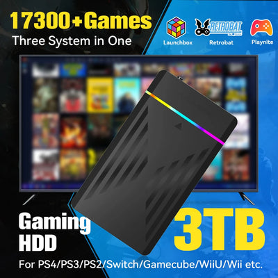 3TB Portable Gaming HDD LaunchBox/Retrobat/Playnite Retro Game Console with 17300+ AAA/3D/Retro Games for PS4/PS3/PS2/Switch/Wii