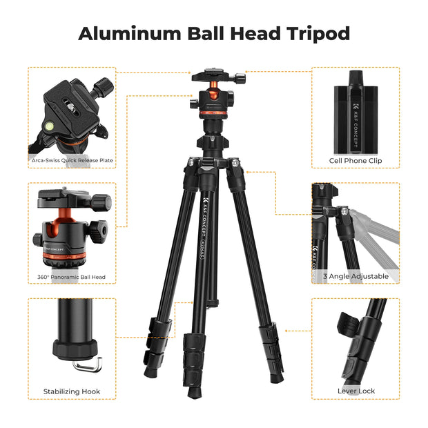 K&F Concept 178cm Lightweight Camera Tripod Cellphone Clip Travel DSLR Tripod for Nikon Canon Camera Outdoor Live Streaming Vlog