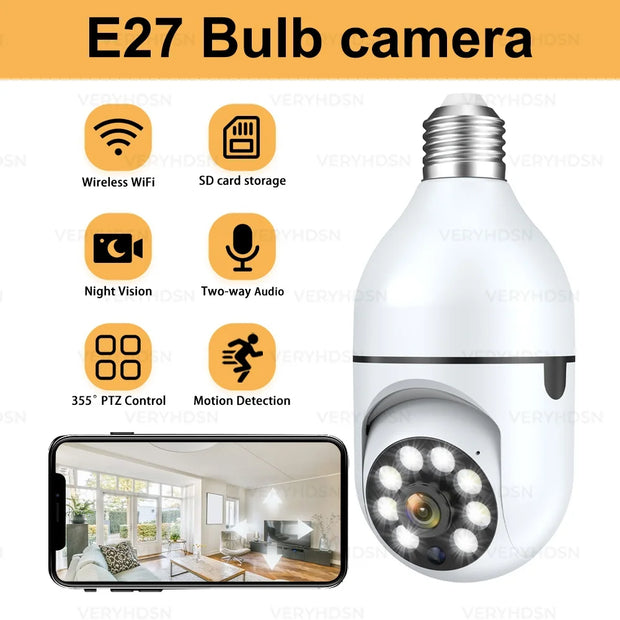 E27 Bulb Wifi Surveillance Camera Wireless Night Vision HD Automatic Human Tracking  Security Baby Monitor Zoom Full Color Video