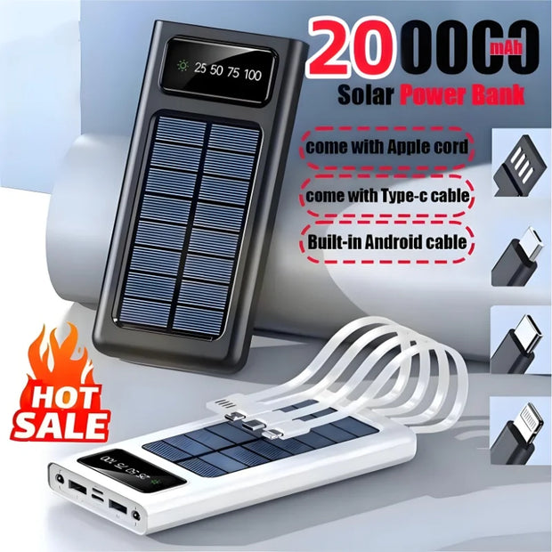 200000mAh Solar Power Bank Large Capacity USB 4 in1 Super Fast Charging USB TypeC LED Light Outdoor Power Bank For Xiaomi iPhone