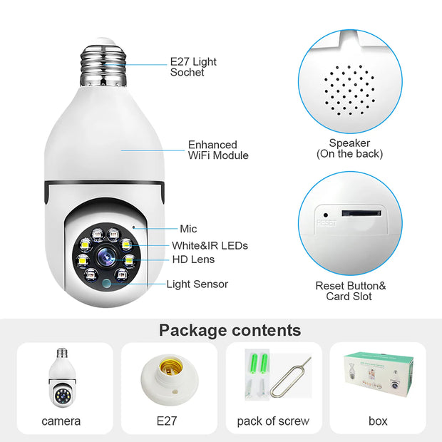 E27 Bulb Wifi Surveillance Camera Wireless Night Vision HD Automatic Human Tracking  Security Baby Monitor Zoom Full Color Video