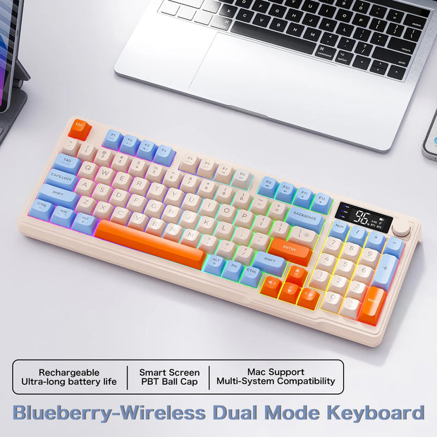 FREEWOLF M96 Wireless Bluetooth Dual-Mode Keyboard PBT Keycap Screen Knob Lithium Battery Backlight Multi-Device Gaming