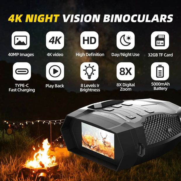 Night Vision Goggles 4K HD Video & 40MP Image Night Vision Binoculars with 3″ HD Screen USB-C Charging 32GB TF Card for Hunting