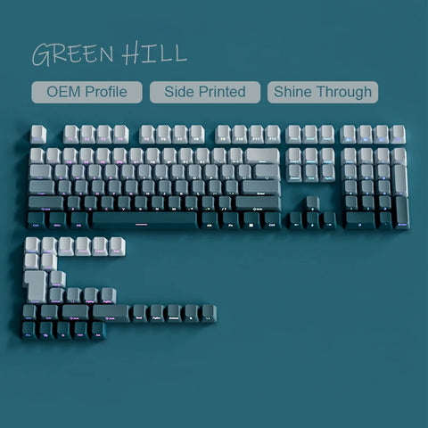 135 Keys Gradient Green Shine Through Keycaps Side Printed PBT Double Shot Keycaps OEM Profile for MX Switches Gaming Keyboards