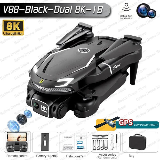 New V888 Brushless Drone 8K Professional HD Triple Camera Obstacle Avoidance No GPS Optical Flow Positioning RC Quadcopter Toys