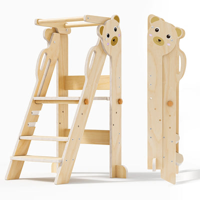 3-layer Height Adjustable Folding Montessori Tower, Easy To Assemble, Montessori Observation Tower With Safety Railing