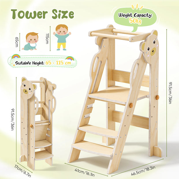 3-layer Height Adjustable Folding Montessori Tower, Easy To Assemble, Montessori Observation Tower With Safety Railing