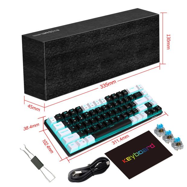 68 Keys Mechanical Keyboard Ergonomics RGB Backlit LED Hot Swappable Blue Switch Gaming Keyboard for PC Laptop Office