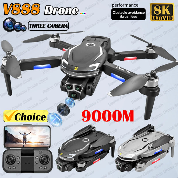 New V888 Brushless Drone 8K Professional HD Triple Camera Obstacle Avoidance No GPS Optical Flow Positioning RC Quadcopter Toys