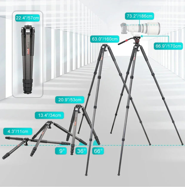 EVUMO ET7C Carbon Fiber Tripod 32.5mm Tube Professional Heavy Duty Tripod 25kg Load Bowl Tripod for Camera Shooting Birdwatching