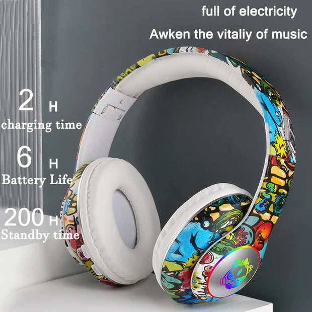 Graffiti Bluetooth Headphones Wireless RGB LED Light Gaming Headsets With Mic Low Latency For Kids Boy Girl Gift Support TF Card