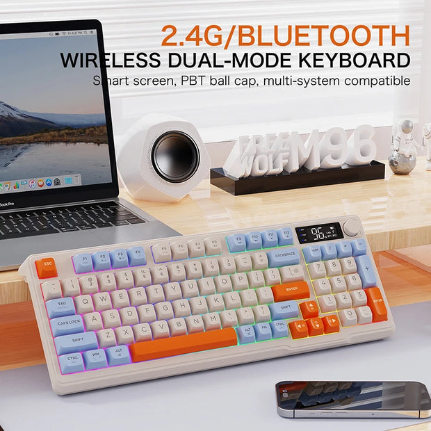 FREEWOLF M96 Wireless Bluetooth Dual-Mode Keyboard PBT Keycap Screen Knob Lithium Battery Backlight Multi-Device Gaming