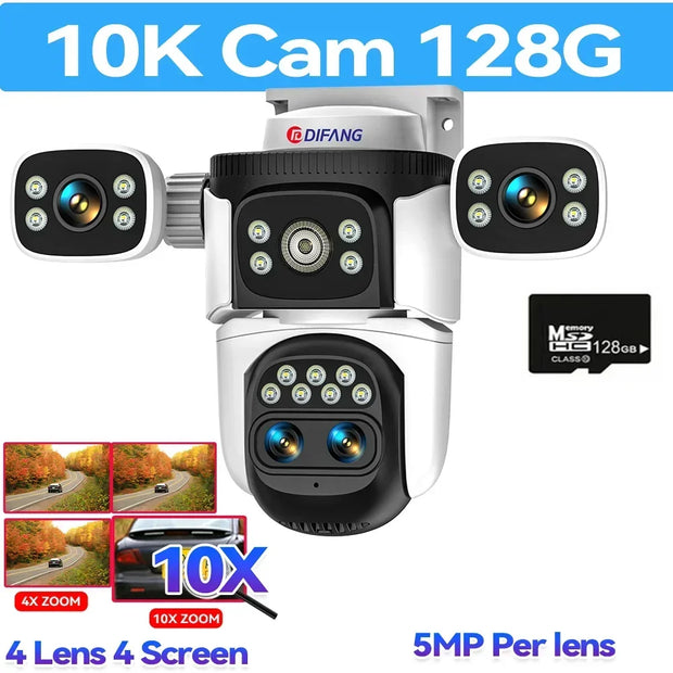 10K Security Protection WiFi6 Camera Outdoor Four Screen 20MP CCTV External IP Cam 10X Zoom 8K 15MP Video Surveillance Camera