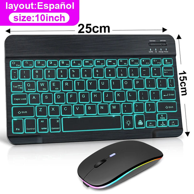 10 INCH Wireless Keyboard And Mouse Bluetooth Keyboard Led Spanish Russian Rechargeable Backlit Keyboards For Ipad Tablet Phone