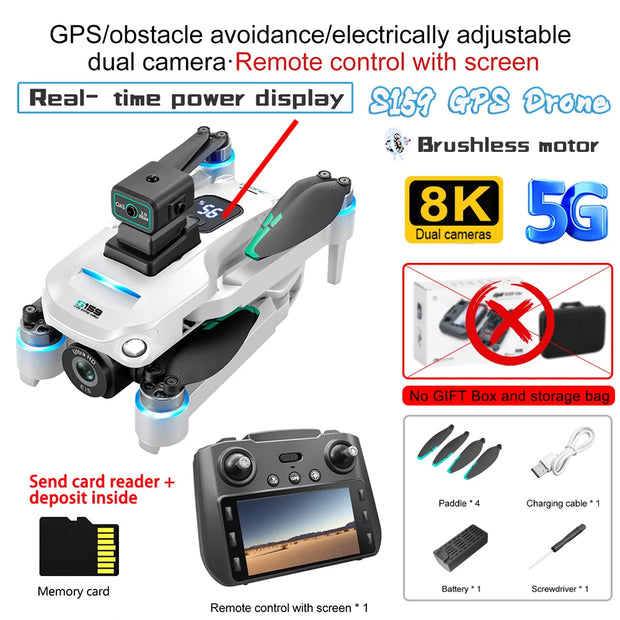 New S159 GPS Drone 8K HD Camera Screen Send Memory Card 5G Image Transfer Obstacle Avoidance Brushless FPV Drone RC Quadcopter