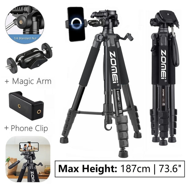 187cm/73.6in Tall Zomei Aluminum Alloy Portable Tripod for Camera DSLR Canon Nikon, 360 Degree Panorama Photography Phone Stand