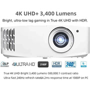 Optoma 4K Projector 3840x2160 3D HDR Video 240Hz Refresh Rate for Gaming Beamer Cinema for Home Theater UHD506