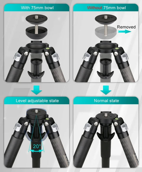 EVUMO ET7C Carbon Fiber Tripod 32.5mm Tube Professional Heavy Duty Tripod 25kg Load Bowl Tripod for Camera Shooting Birdwatching