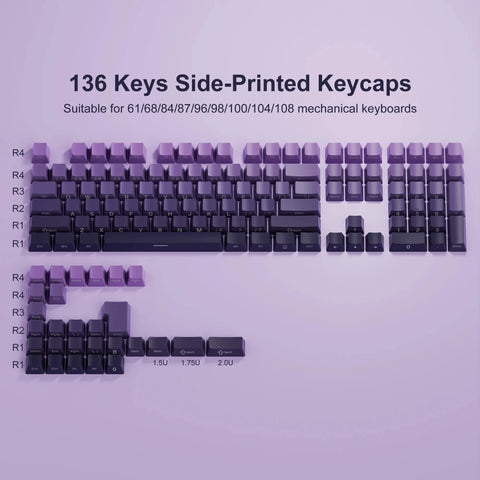 136 Key Black White Side-lit Shine Through Backlit keycaps PBT Double Shot Keycaps OEM Profile for MX Switch Mechanical Keyboard