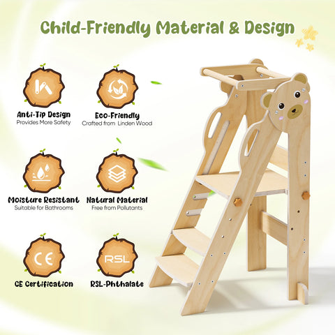 3-layer Height Adjustable Folding Montessori Tower, Easy To Assemble, Montessori Observation Tower With Safety Railing