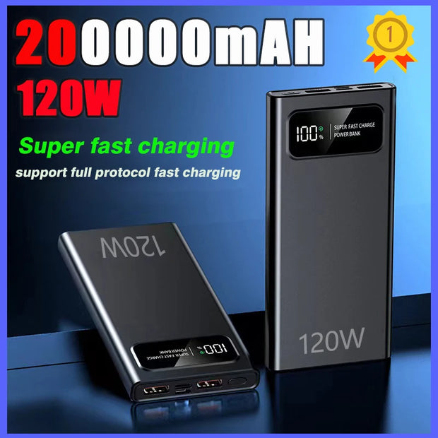 200000mAh 120W Power Bank Fast Charging Portable Ultralarge Capacity Digital Display External Battery For iPhone Samsung Huawei