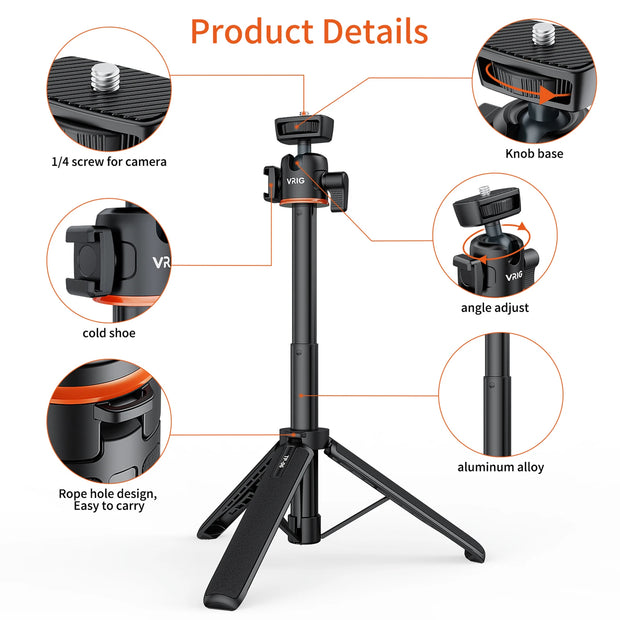 VRIG TP-08 TP-06 Tripod Stand Selfie Stick Aluminum Alloy with 1/4 Inch Screw Cold Shoe Mount 360° Rotatable 1.5kg Load Capacity