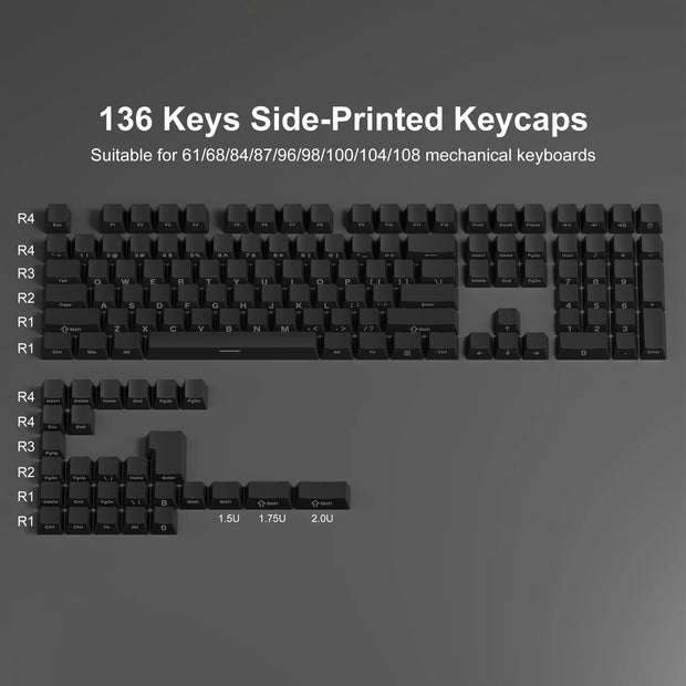 136 Key Black White Side-lit Shine Through Backlit keycaps PBT Double Shot Keycaps OEM Profile for MX Switch Mechanical Keyboard