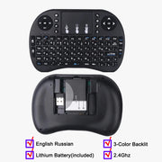 3-Color Backlit I8 Mini Wireless Keyboard 2.4GHz Air Mouse English Russian Keyboard with Touchpad Handheld for Android TV BOX