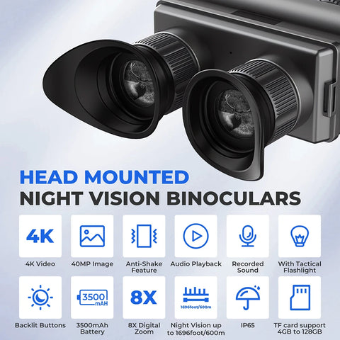 Digital Night Vision Binoculars Hunting 4K with IR Tacticle Flashlight Head Mounted Night Vision Goggles 8x Zoom 600M Long Range