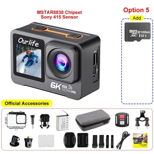 6K 4K60FPS Action Camera 50MP 2.0 Touch LCD Dual Screen EIS WiFi 170° DVR 30M Waterproof 5X Zoom Sport Camera With Remote