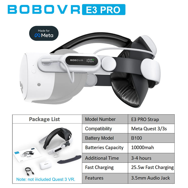 BOBOVR Head Strap compatible with Meta Quest 3/Quest3S BOBOVR S3 Pro/E3PRO/M3 Pro Battery Head Strap VR accessories