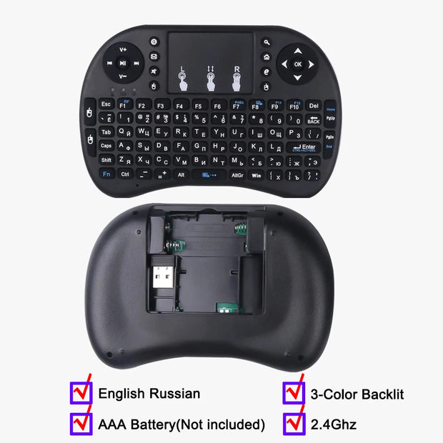 3-Color Backlit I8 Mini Wireless Keyboard 2.4GHz Air Mouse English Russian Keyboard with Touchpad Handheld for Android TV BOX